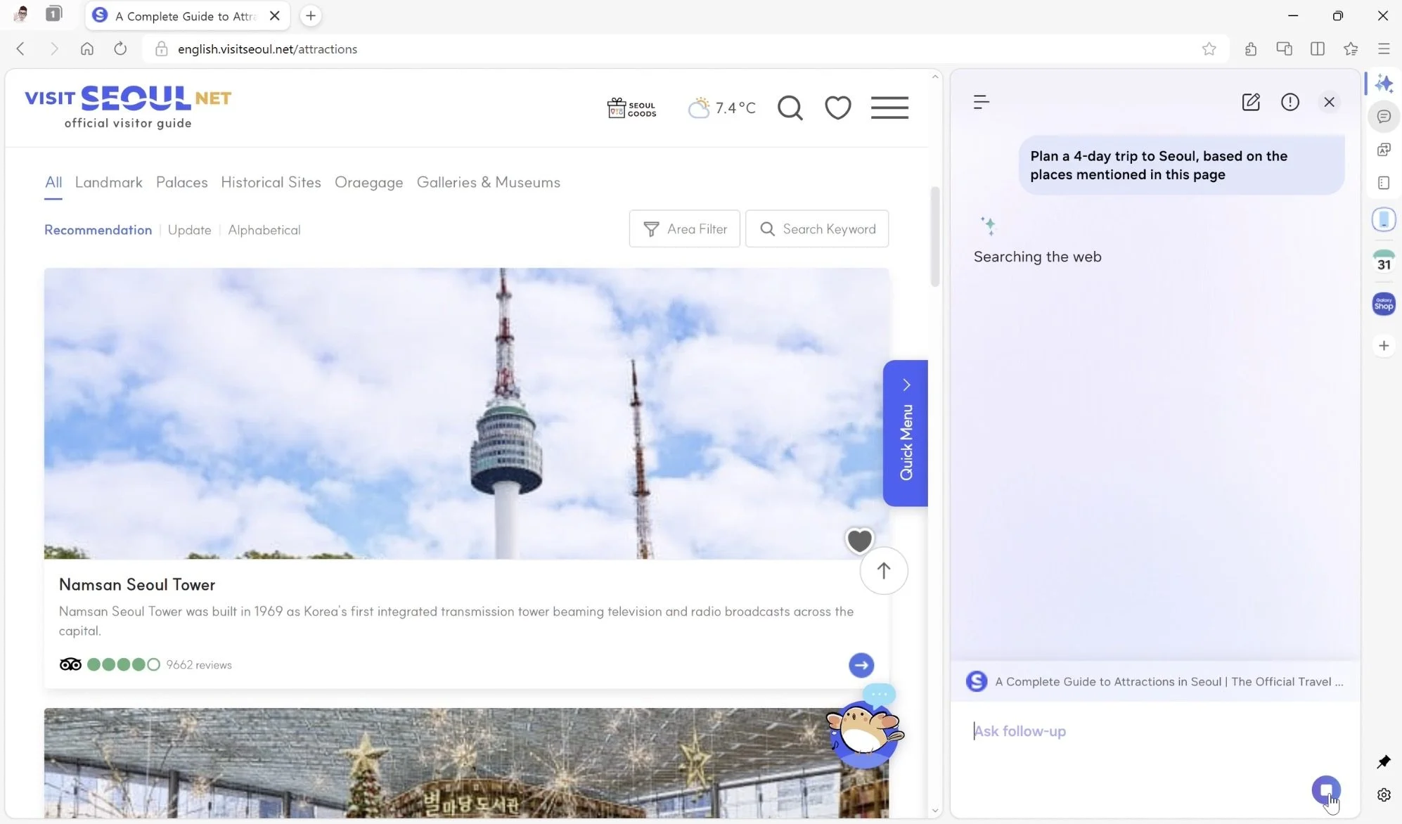 trip planning using Samsung browser